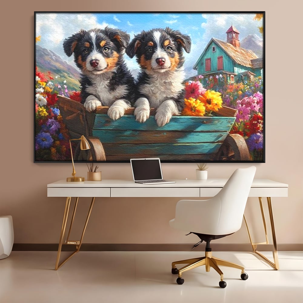 Tablou canvas cu doi catei australian shepherd in caruta cu flori, in rama de aluminiu negru, pe perete intr-un birou